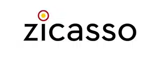 The image displays the award-winning logo "zicasso" in black bold letters with a stylized red dot over the letter "i," resembling a sun or an artistic eye. The background is plain