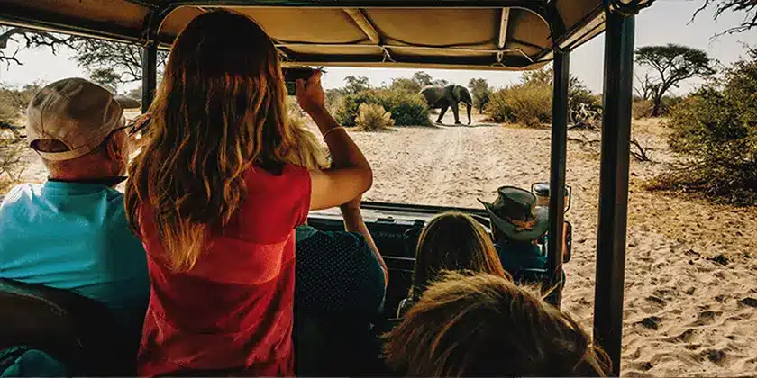 Tourists in a luxury safari vehicle observing an elephant in the distance; a woman with blond hair using binoculars and three other passengers, surrounded by trees and sandy terrain.
